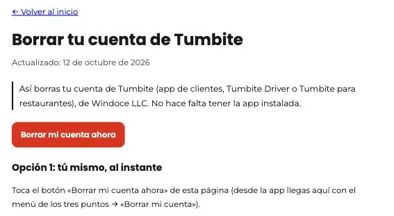 Página «Borrar tu cuenta de Tumbite» con el botón «Borrar mi cuenta ahora» y la primera opción explicada.