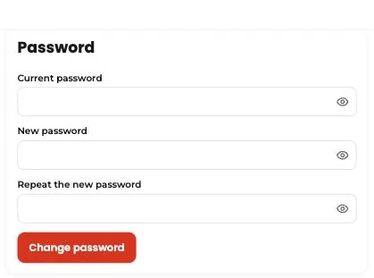 “Password” card in Tumbite settings with the current password, the new one, and its repeat, each with the eye icon to show it.