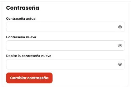 Tarjeta «Contraseña» en la configuración de Tumbite con la contraseña actual, la nueva y su repetición, cada una con el ojito para verla.