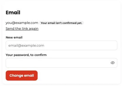 “Email” card in Tumbite settings with the notice “Your email isn’t confirmed yet” and the “Send the link again” link.