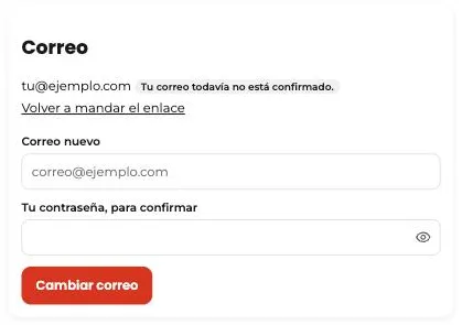 Tarjeta «Correo» en la configuración de Tumbite con el aviso «Tu correo todavía no está confirmado» y el enlace «Volver a mandar el enlace».