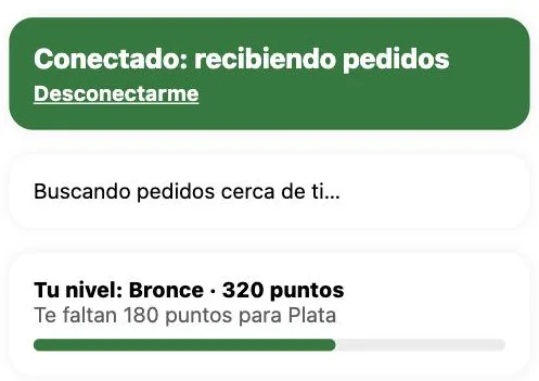 Tarjeta «Tu nivel» en la app de repartidores con el nivel, los puntos, lo que falta para el siguiente nivel y la barra de avance en verde.
