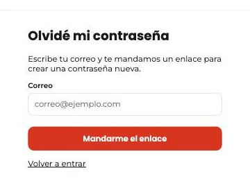 Página «Olvidé mi contraseña» de Tumbite con la casilla del correo y el botón «Mandarme el enlace».