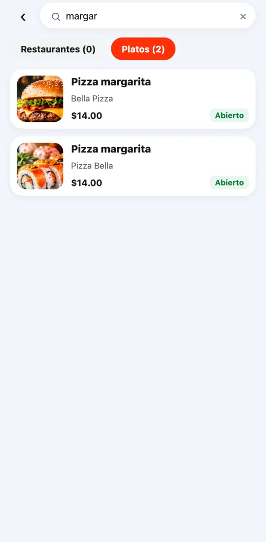 Pantalla de búsqueda de la app del cliente con la palabra escrita arriba, las pestañas Restaurantes y Platos con su cantidad, y un plato encontrado con su precio y su restaurante.