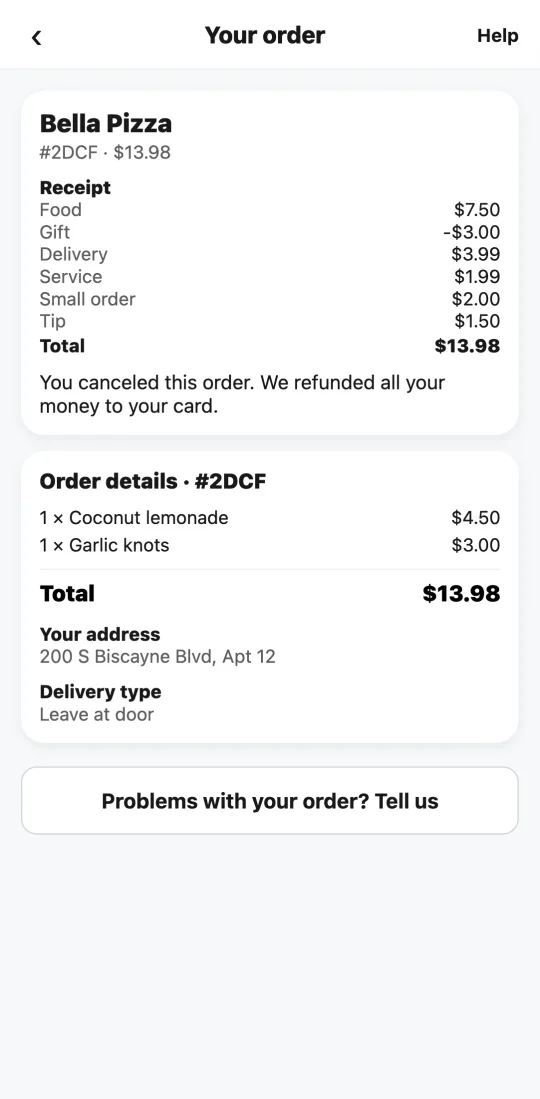 Canceled order in the Tumbite app with the notice that all the money was refunded to the card.