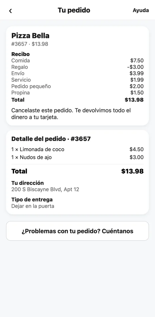 Pedido cancelado en la app de Tumbite con el aviso de que se devolvió todo el dinero a la tarjeta.