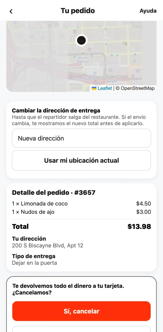 Pedido pagado en la app de Tumbite con la pregunta «Te devolvemos todo el dinero a tu tarjeta. ¿Cancelamos?» y el botón «Sí, cancelar».