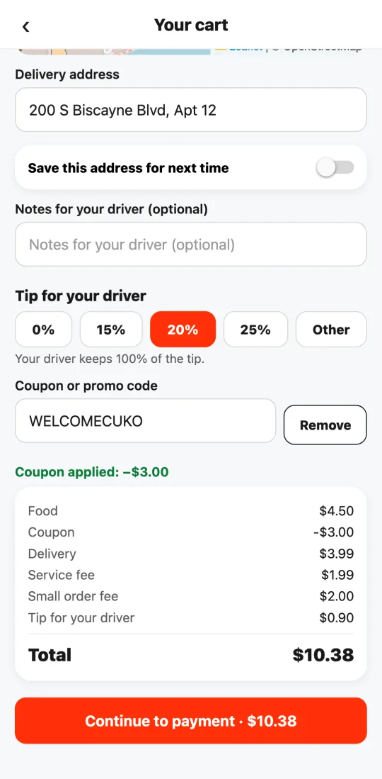 Cart with the coupon applied and the discount taken off the total.