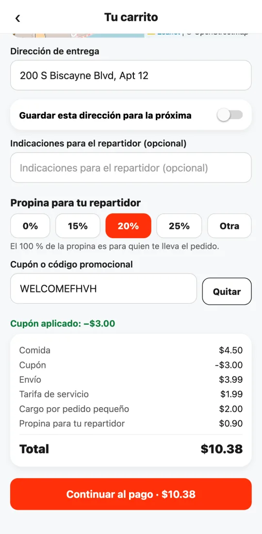 Carrito con el cupón aplicado y el descuento restado del total.