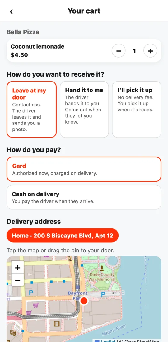 Cart with the saved address “Home” as a button above the map, already selected.