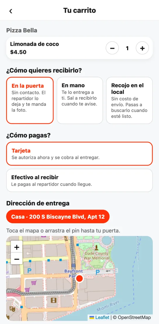 Carrito con la dirección guardada «Casa» como botón encima del mapa, ya seleccionada.