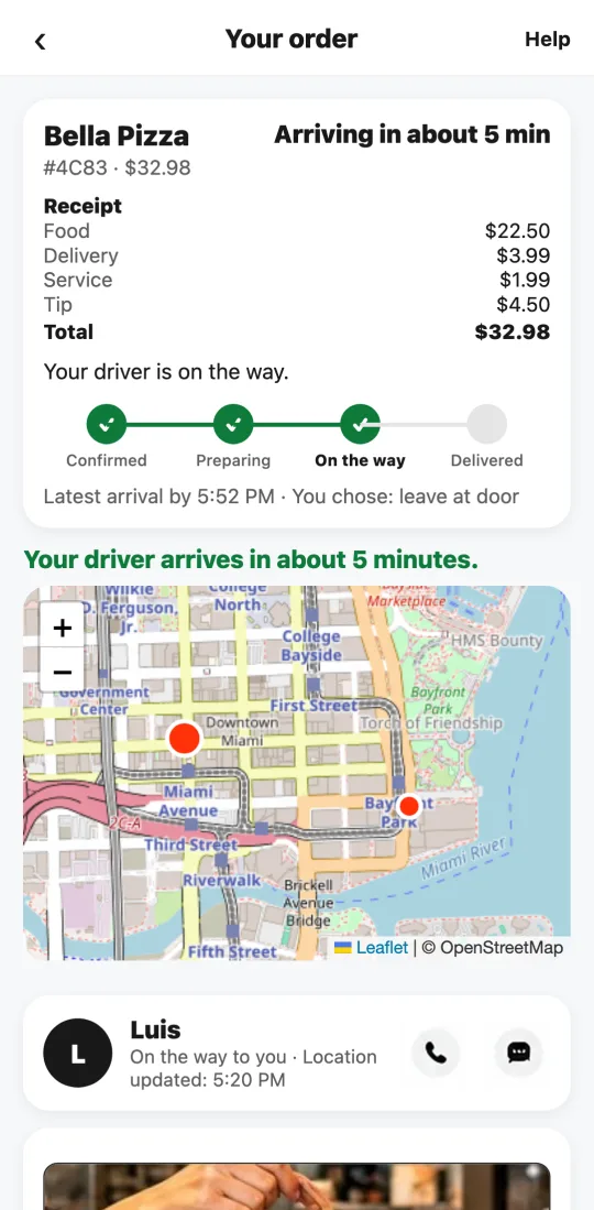 Live tracking: “Your driver is on the way,” the green bar, the map with the driver, and the estimated time.
