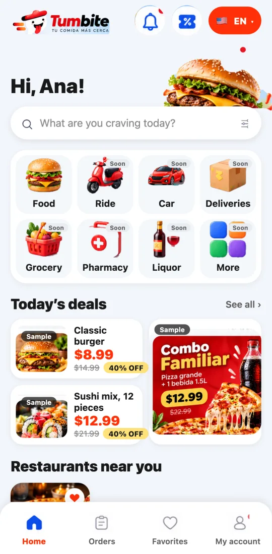 Real Tumbite app screen with services and restaurants nearby