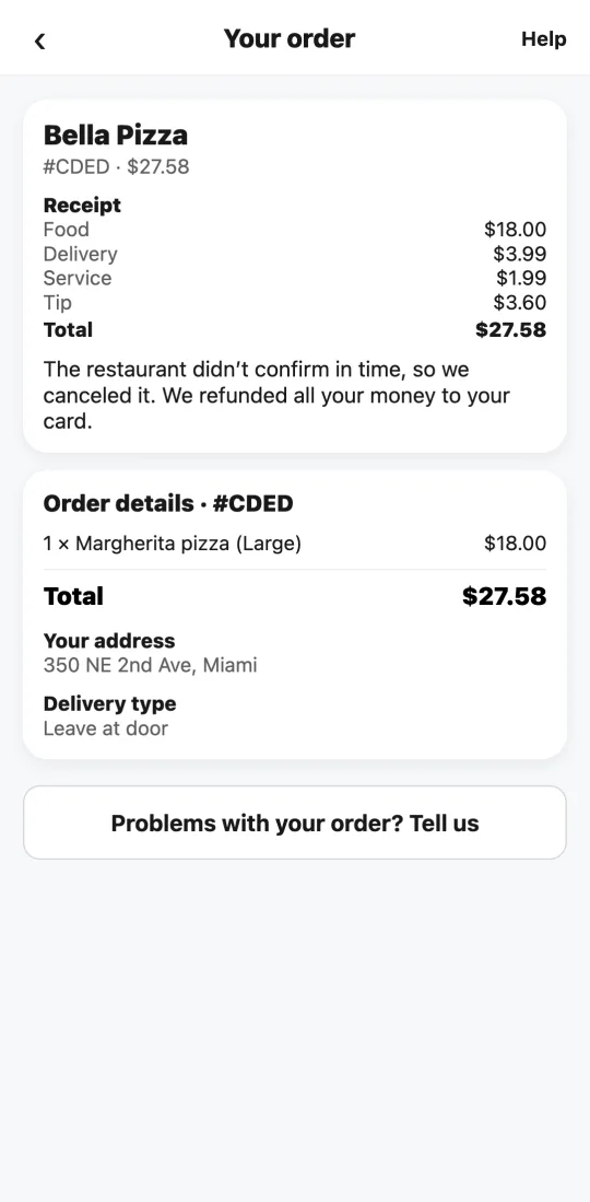 Order in the Tumbite app that the Manager canceled on its own because the restaurant didn’t confirm in time, with the refund notice.