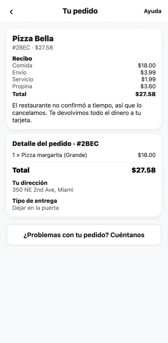Pedido en la app de Tumbite que el Manager canceló solo porque el restaurante no confirmó a tiempo, con el aviso de la devolución.