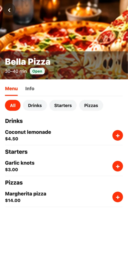 A restaurant’s menu in the Tumbite app: big photo, Menu and Info tabs, category buttons, and each item with its price and the + button.