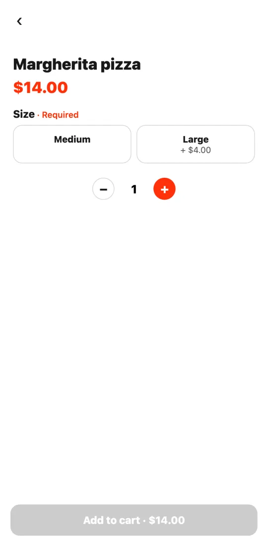 Pizza options window in the customer app: required “Size” group with Medium and Large (+4 dollars) and the “Add to cart” button.