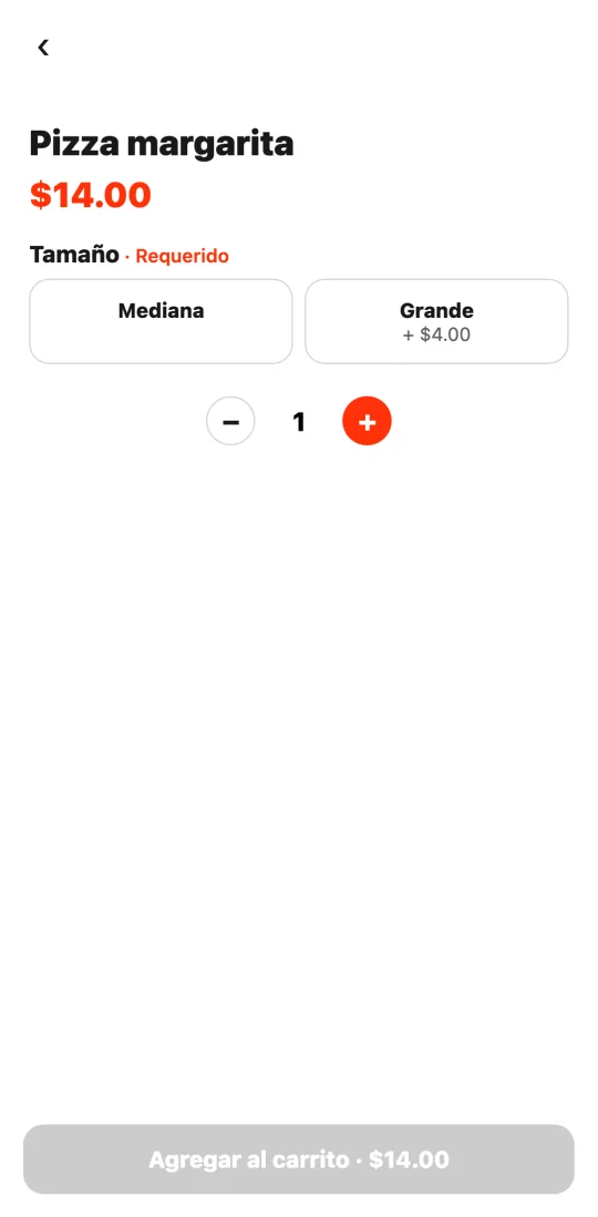 Ventana de opciones de la pizza en la app del cliente: grupo «Tamaño» obligatorio con Mediana y Grande (+4 dólares) y el botón «Agregar al carrito».
