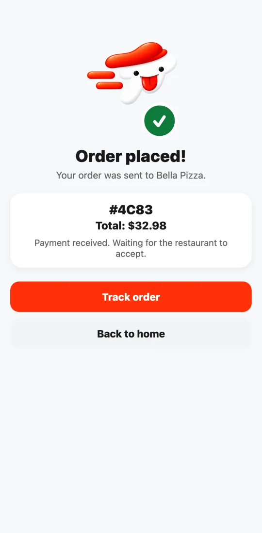 “Order placed!” confirmation in the Tumbite app, with the order number, the total, and the “Track order” and “Back to home” buttons.