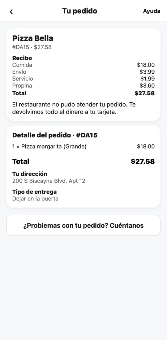 Pedido en la app de Tumbite que el restaurante no pudo atender, con el aviso de que se devolvió todo el dinero.