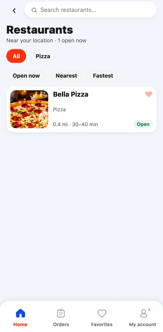 The Food restaurant list in the Tumbite app: search bar, buttons by type of food, and cards with photo, distance, time, and whether it’s open.