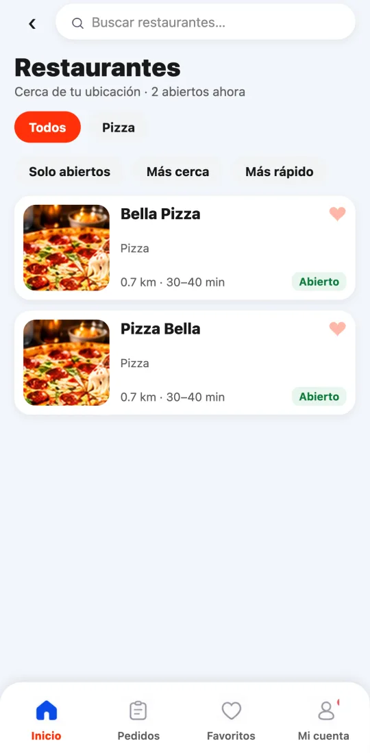 Lista de restaurantes de Comida en la app de Tumbite: buscador, botones por tipo de comida y tarjetas con foto, distancia, tiempo y si está abierto.