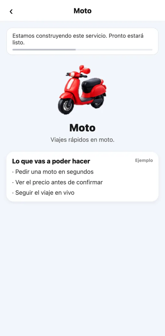 Pantalla del servicio Moto en la app del cliente: franja discreta «Estamos construyendo este servicio. Pronto estará listo.», el ícono grande, el nombre y una tarjeta de ejemplo con lo que se va a poder hacer.