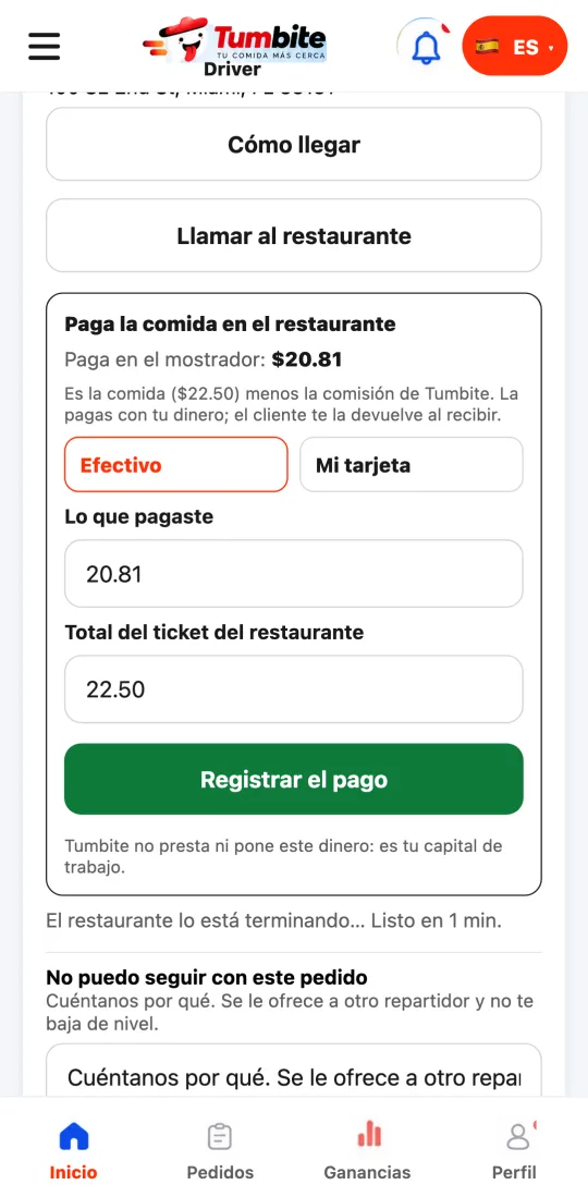 App del repartidor en el restaurante: «Paga la comida en el restaurante» con el monto a pagar en el mostrador, efectivo o mi tarjeta, lo que pagaste, el total del ticket y el botón «Registrar el pago».