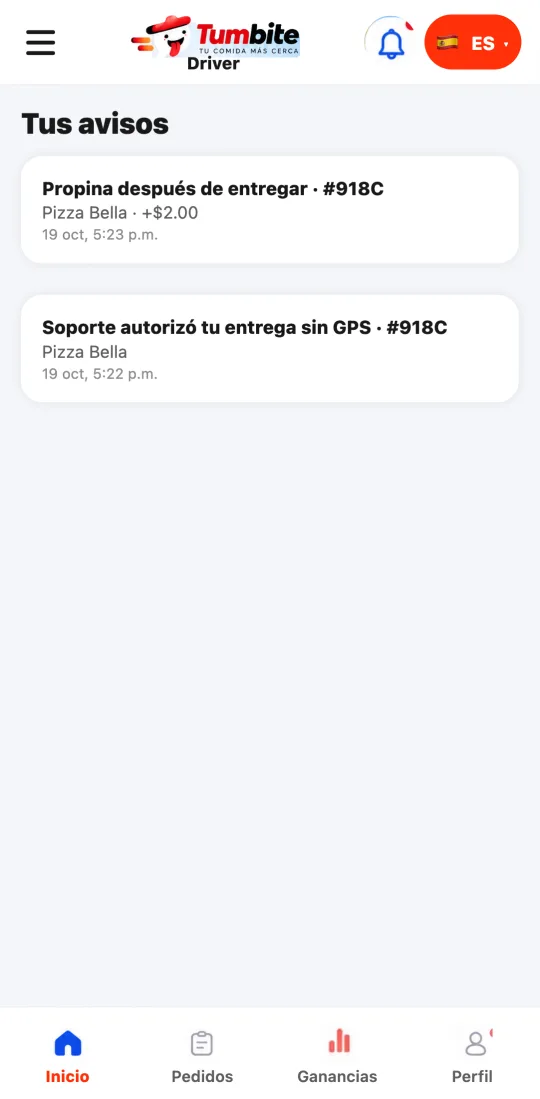 Pantalla «Tus avisos» de la app de repartidores con un pedido listo para recoger y otros avisos recientes.