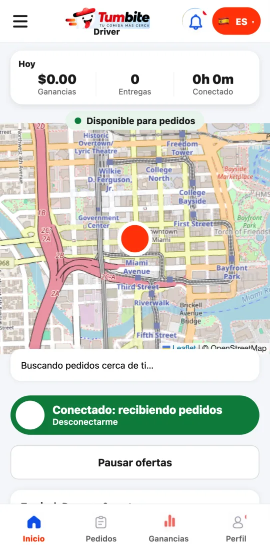 App de repartidores de Tumbite conectada: «Conectado: recibiendo pedidos», con el nivel y el saldo.