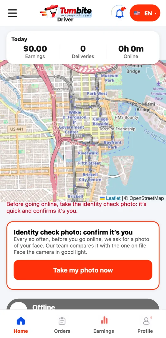 Driver app with the “Identity check photo: confirm it’s you” card and the “Take my photo now” button before going online.