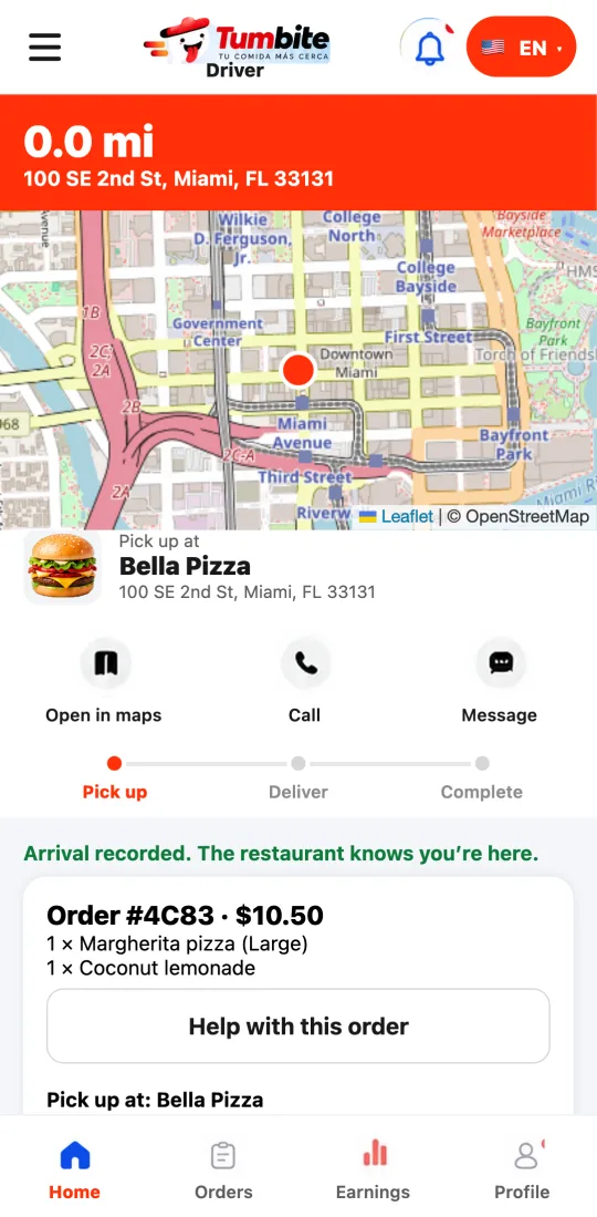 Driver app at the restaurant: field to type the order number, verify button and the bag photo sent.