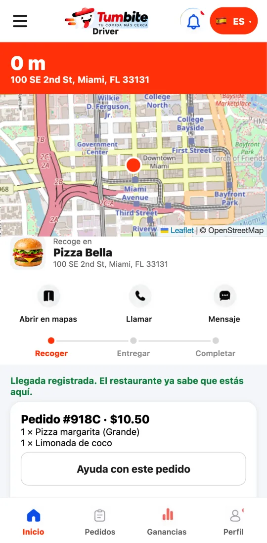 App del repartidor en el restaurante: campo para escribir el número del pedido, botón de verificar y la foto de la bolsa enviada.