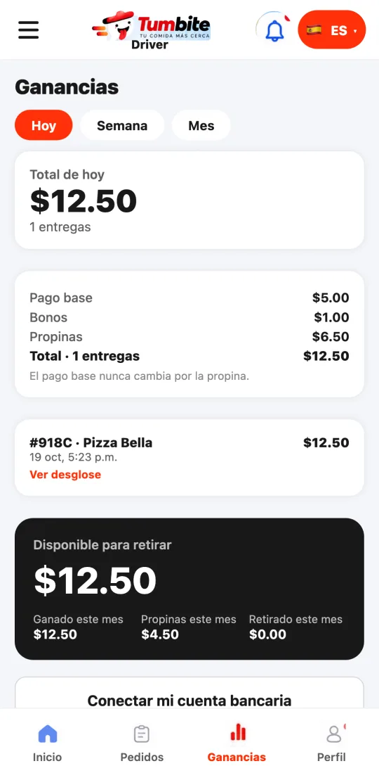 Pestaña Ganancias de la app de repartidores con el total del periodo separado en pago base, bonos y propinas, y un pedido con su desglose abierto.