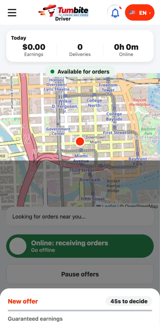 Real driver app screen with an offer: earnings, distance, and minutes