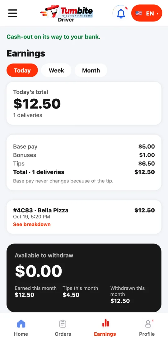 Driver wallet after cashing out: “Cash-out on its way to your bank,” the balance at zero, and the withdrawal in the activity.