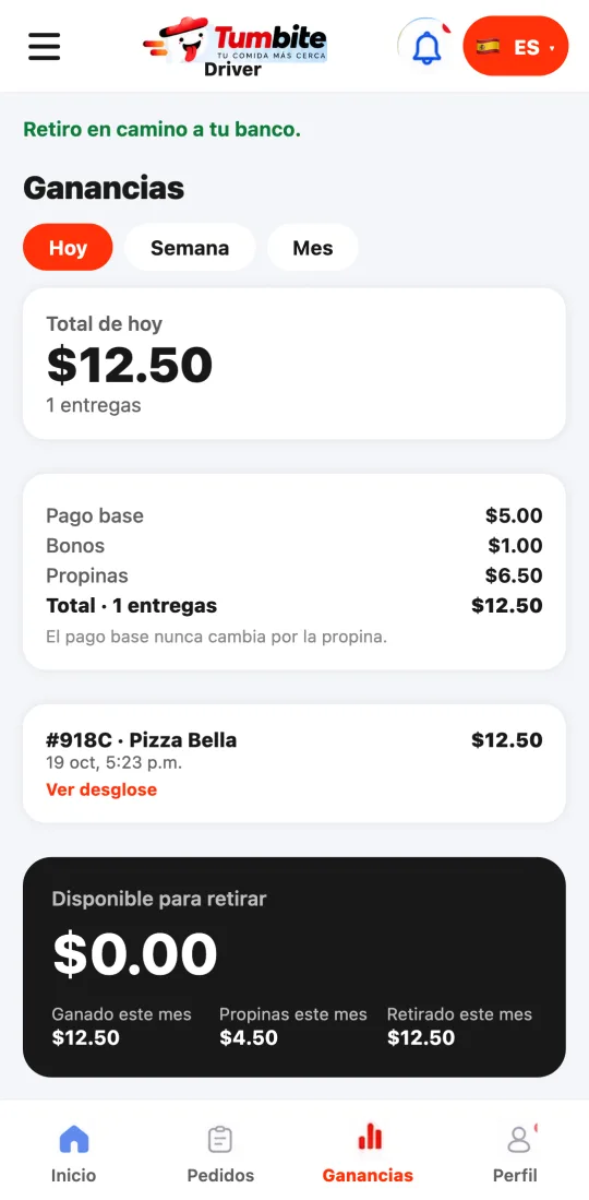 Billetera del repartidor después de retirar: «Retiro en camino a tu banco», el saldo en cero y el retiro en los movimientos.