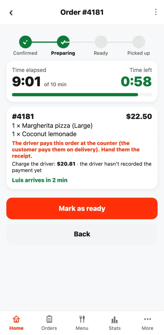 Restaurant app with an order paid in hand: “Charge the driver” with the amount and whether the driver already recorded the payment.