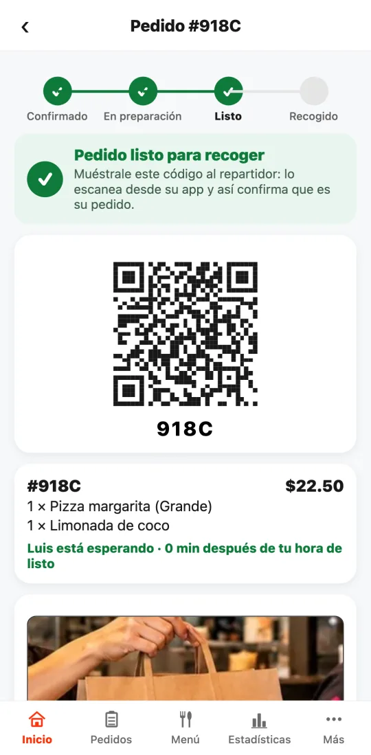 Pedido listo para recoger con el código grande para el repartidor y la foto de la bolsa que tomó el repartidor.
