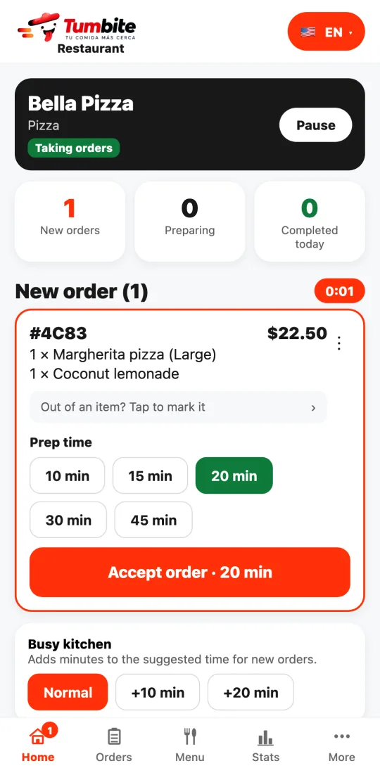 Real restaurant app screen with a new order and the time to accept it