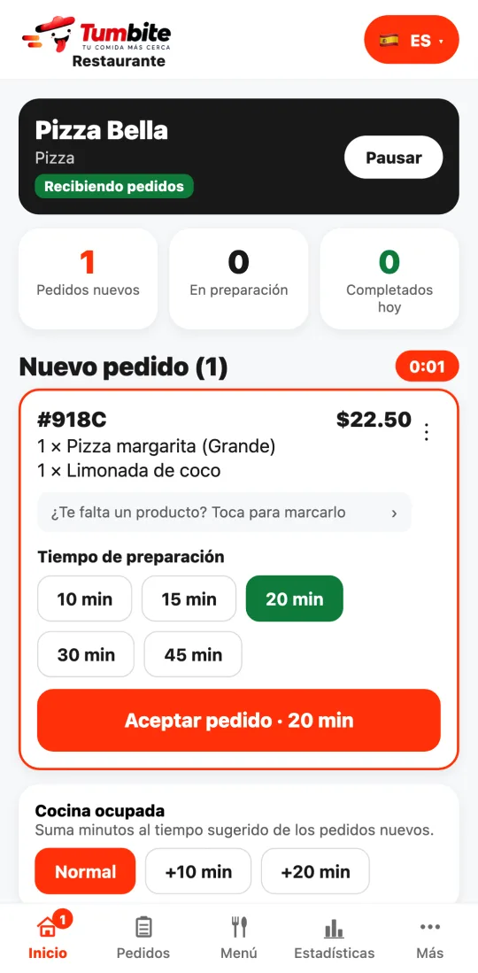 Pantalla real de la app del restaurante con un pedido nuevo y el tiempo para aceptarlo