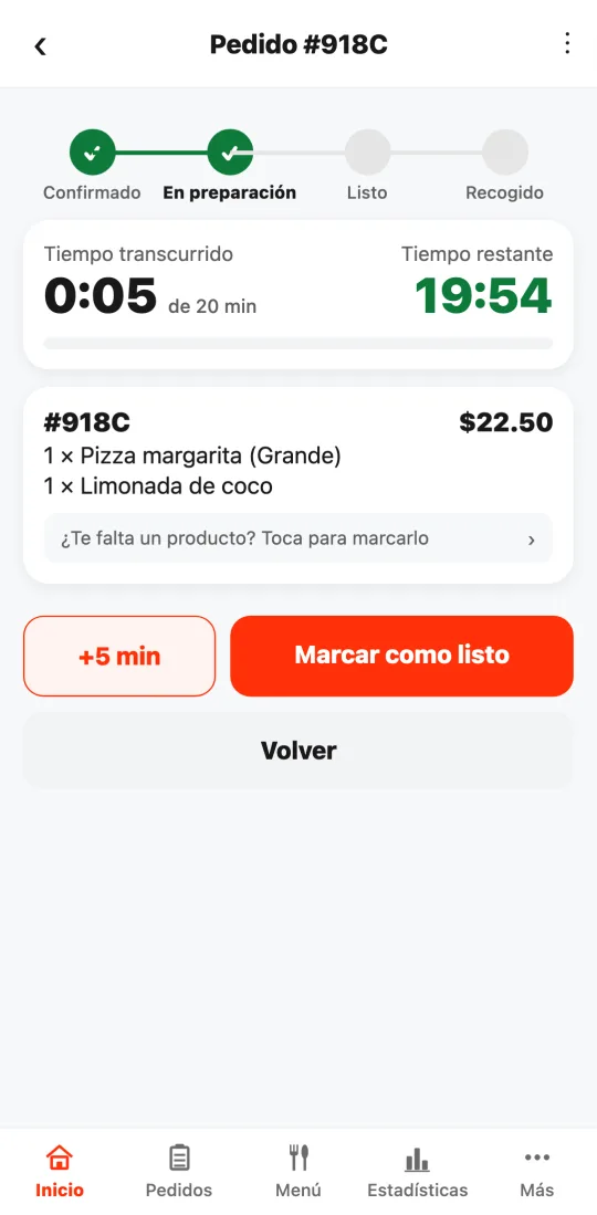 Pedido en preparación: pasos del pedido, tiempo transcurrido y tiempo restante, y los botones «+5 min» y «Marcar como listo».