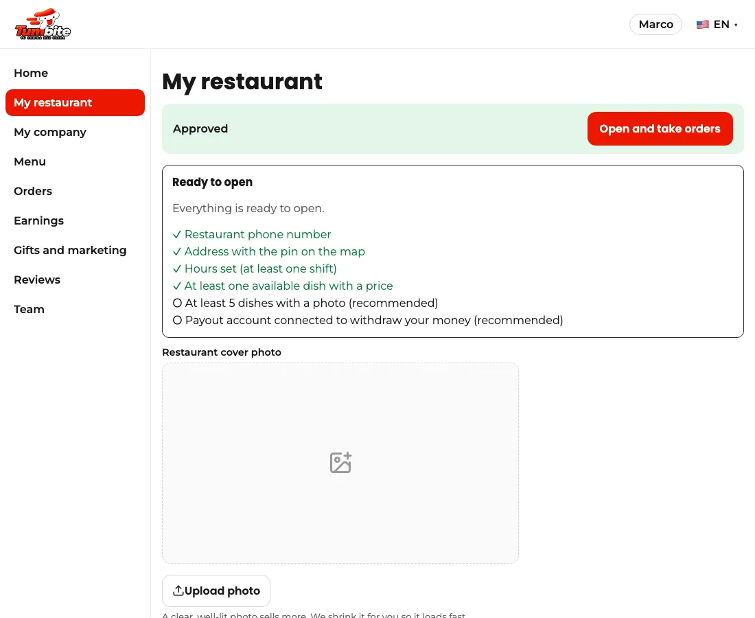 Approved restaurant in the Tumbite dashboard, taking orders, with the button to close for now.
