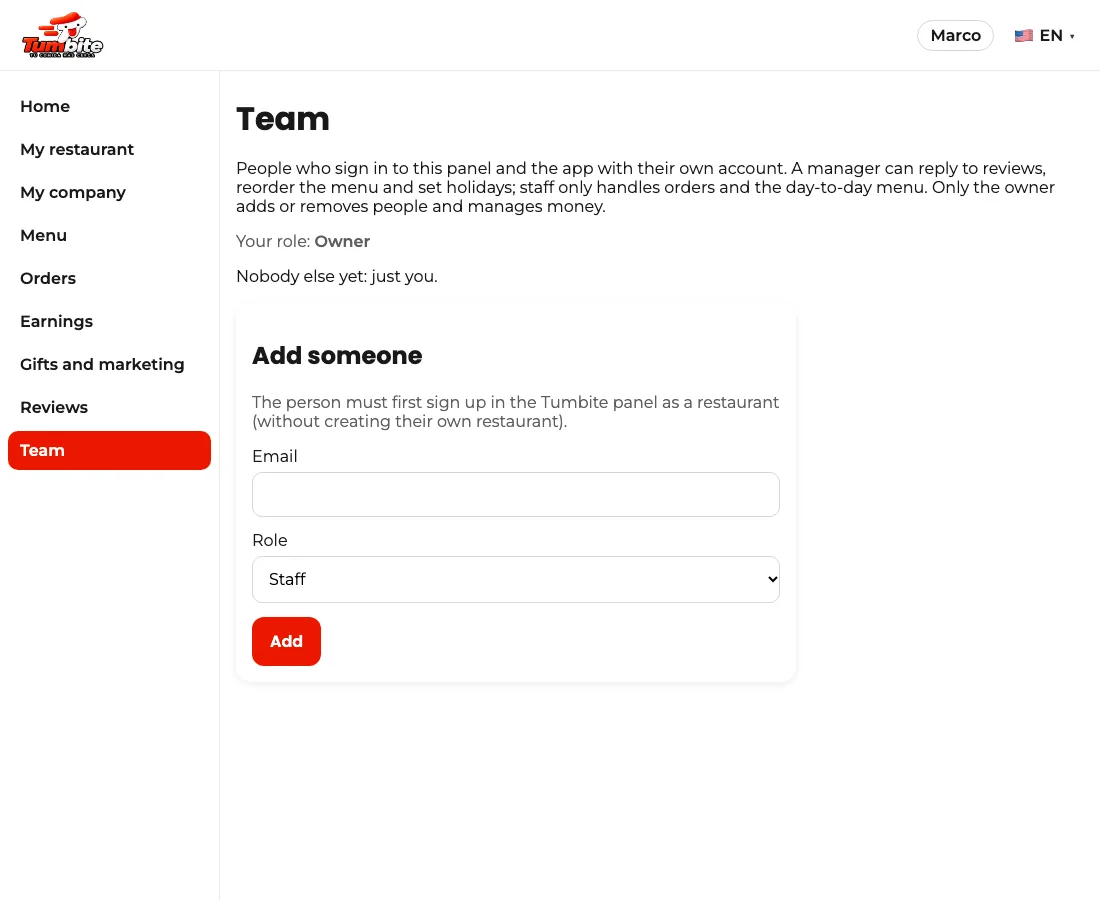 Team screen in the restaurant panel with the owner’s role and the form to add someone by email and role.