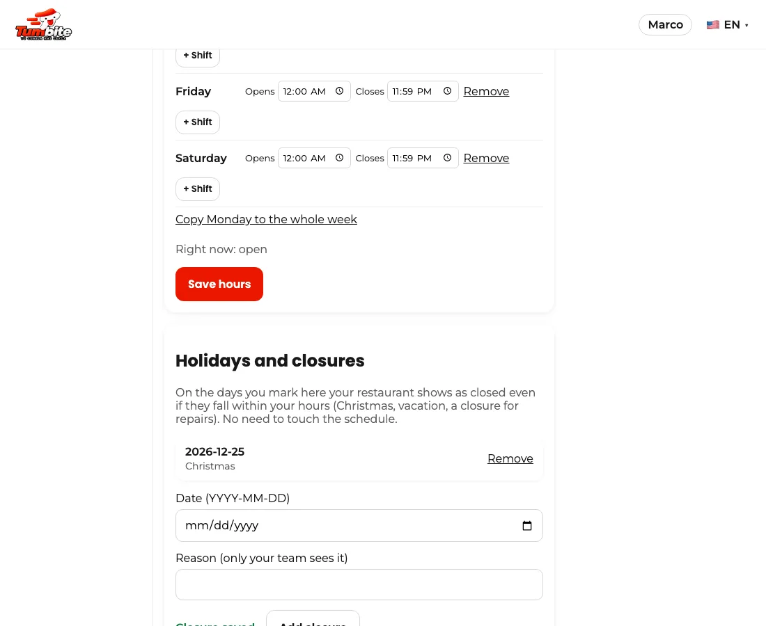 “Holidays and closures” section of the panel with December 25 marked as closed for Christmas.