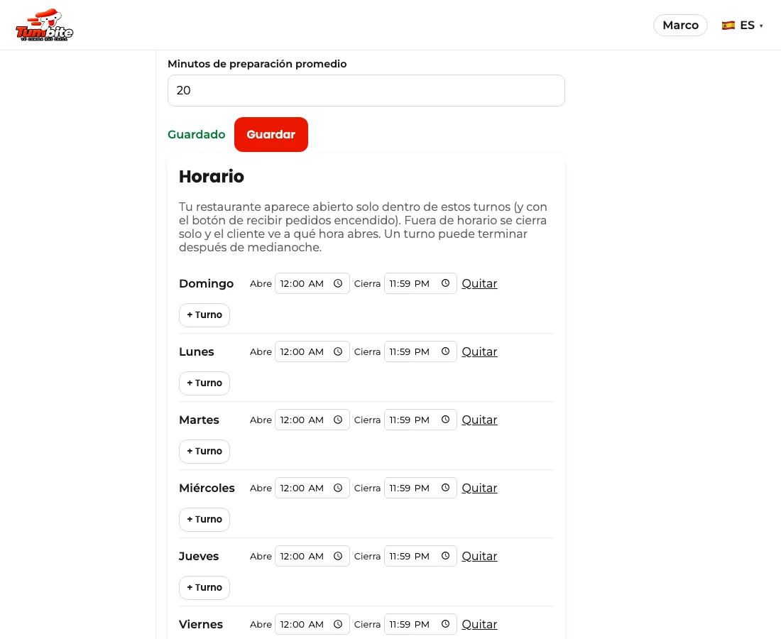 El horario del restaurante en el panel: un renglón por día con sus turnos de apertura y cierre y el botón para copiar el lunes a toda la semana.