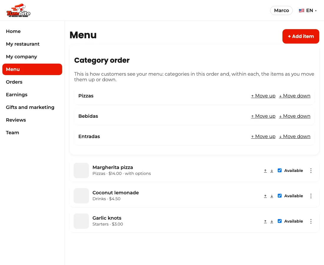 The restaurant’s menu in the dashboard with its items, categories, and prices.