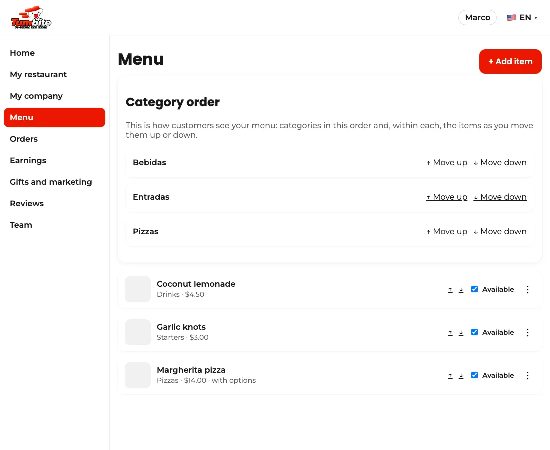 Menu screen in the panel with the “Category order” block and the arrows to move each category and item up or down.