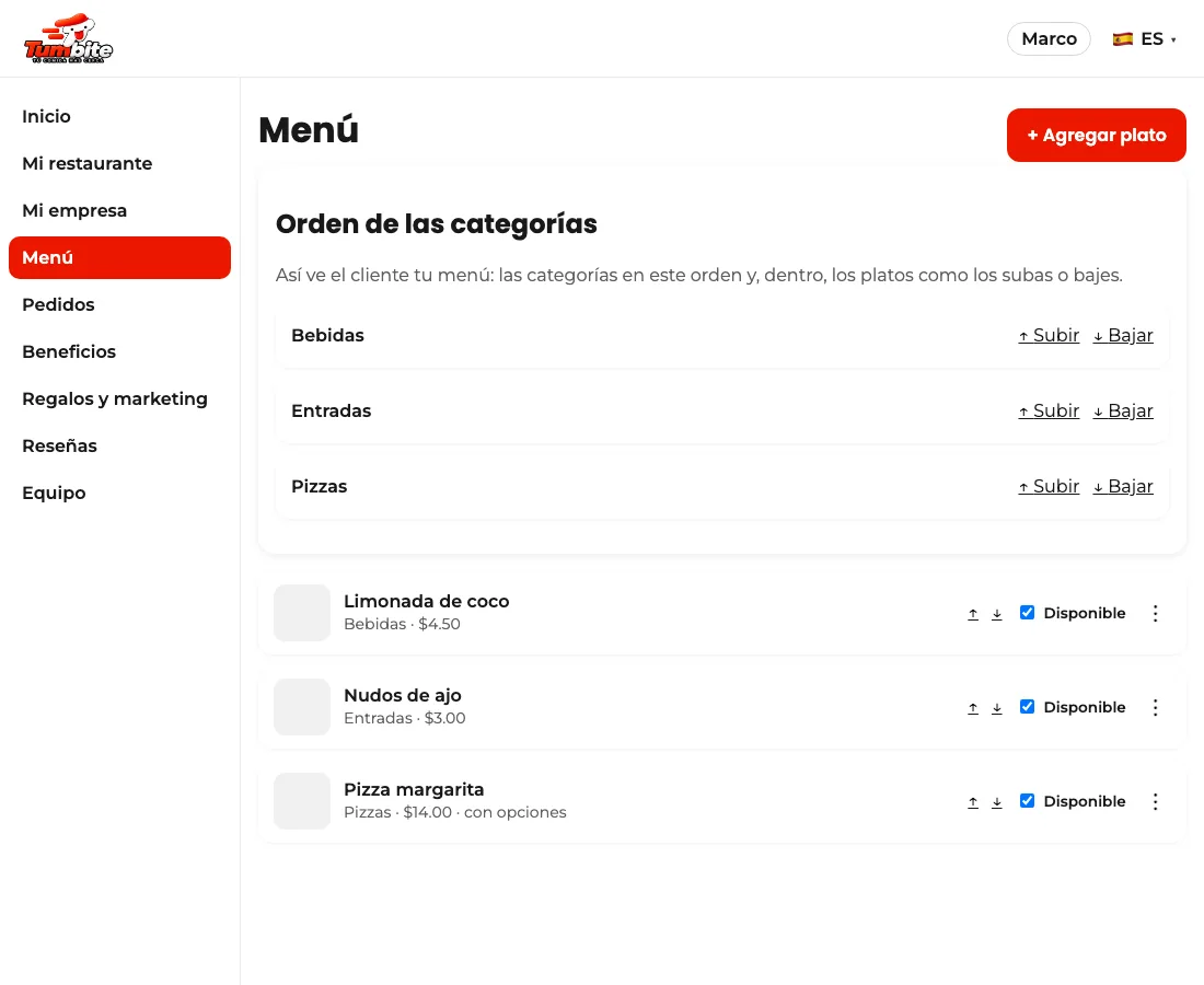 Pantalla Menú del panel con el bloque «Orden de las categorías» y las flechas para subir o bajar cada categoría y cada plato.