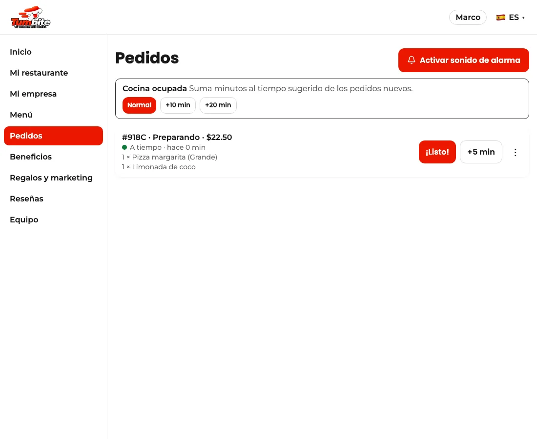 Pedido aceptado y en preparación, con el botón «¡Listo!».